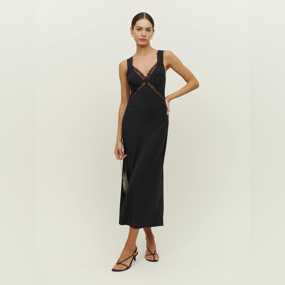 Reformation Black Lace-Trim Midi Slip Dress with V-Neck